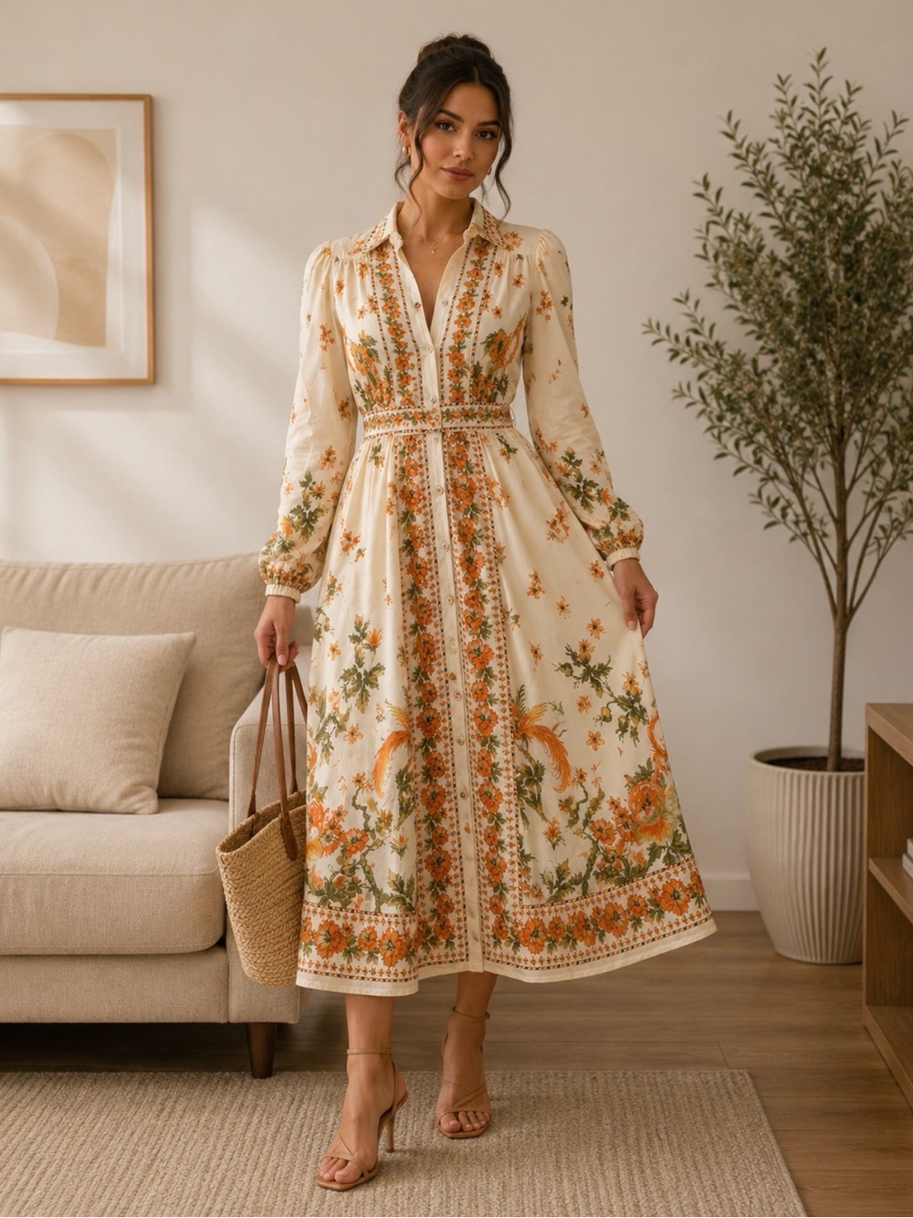 Cream Floral Button-Front Maxi Dress with Orange Accents
